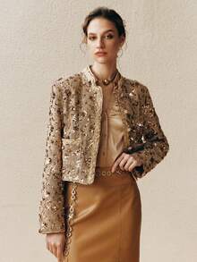 Arave 亮片拼接前扣金属链装饰时尚长袖外套