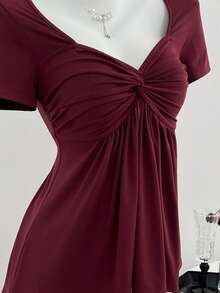 Elamini Áo thun tay ngắn cổ chữ V thắt nút xoắn đa năng thông thường dành cho nữ, có sẵn trong mọi mùa - Màu Đỏ Sâu - Xem 5