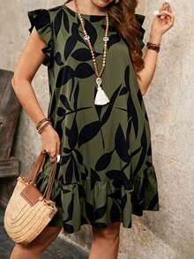 Breezaya Vestido de verano casual y holgado con estampado floral y mangas con volantes para mujer de talla grande - Verde militar - Ver 3