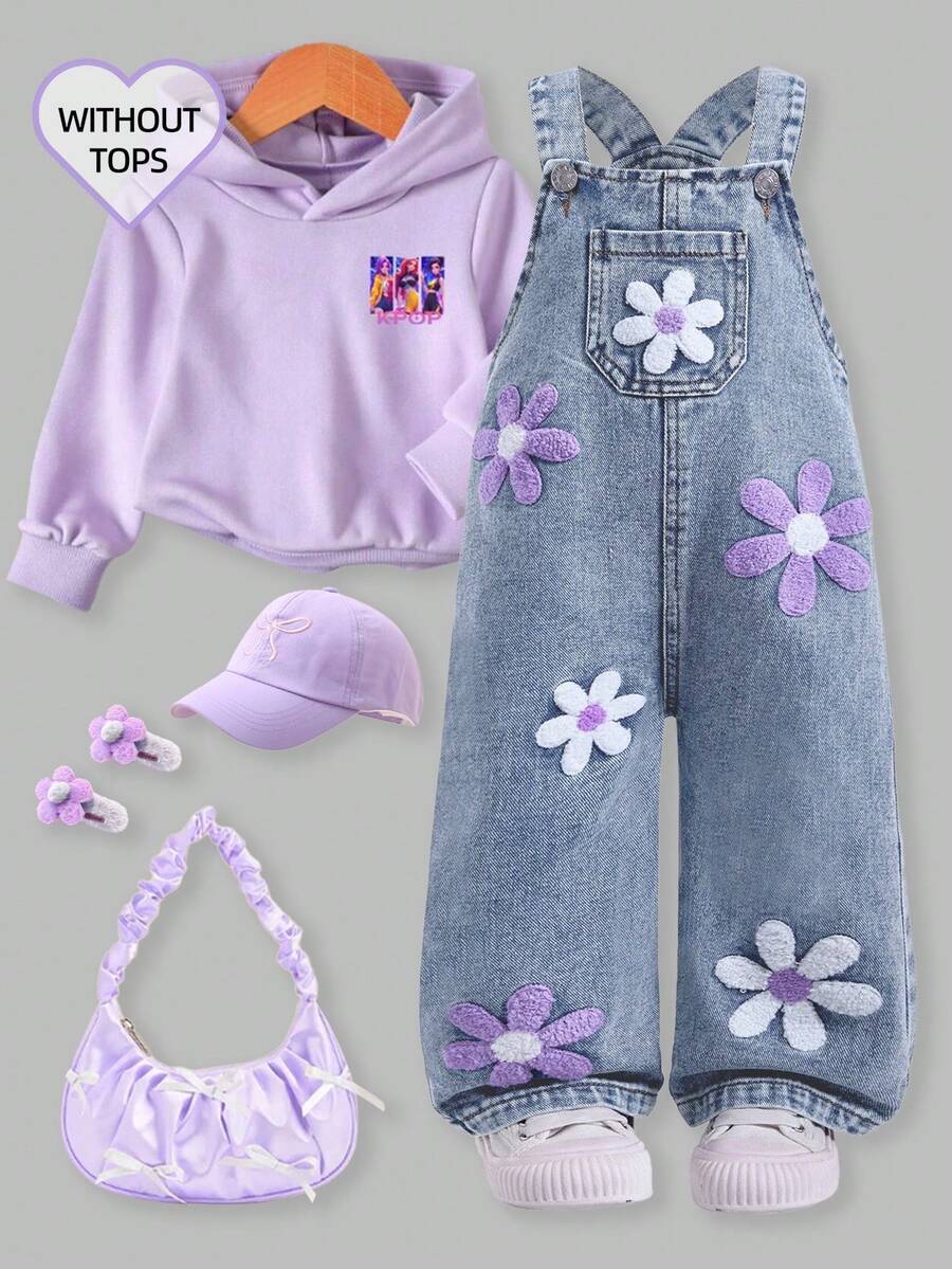 SHEIN Washed Denim Bib Pants For Baby Girls, Floral Print Loose Jumpsuit