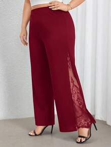 SHEIN PETITE CURVE Celana Panjang Hitam Elegan Ukuran Besar dengan Potongan Lebar Pinggang Tinggi, Belahan Samping, dan Panel Renda Transparan, Sempurna untuk Pemakaian Sehari-hari dan Perjalanan Kerja, Celana Panjang Ukuran Besar Musim Semi/Panas Warna Burgundy - Burgundy - View 3
