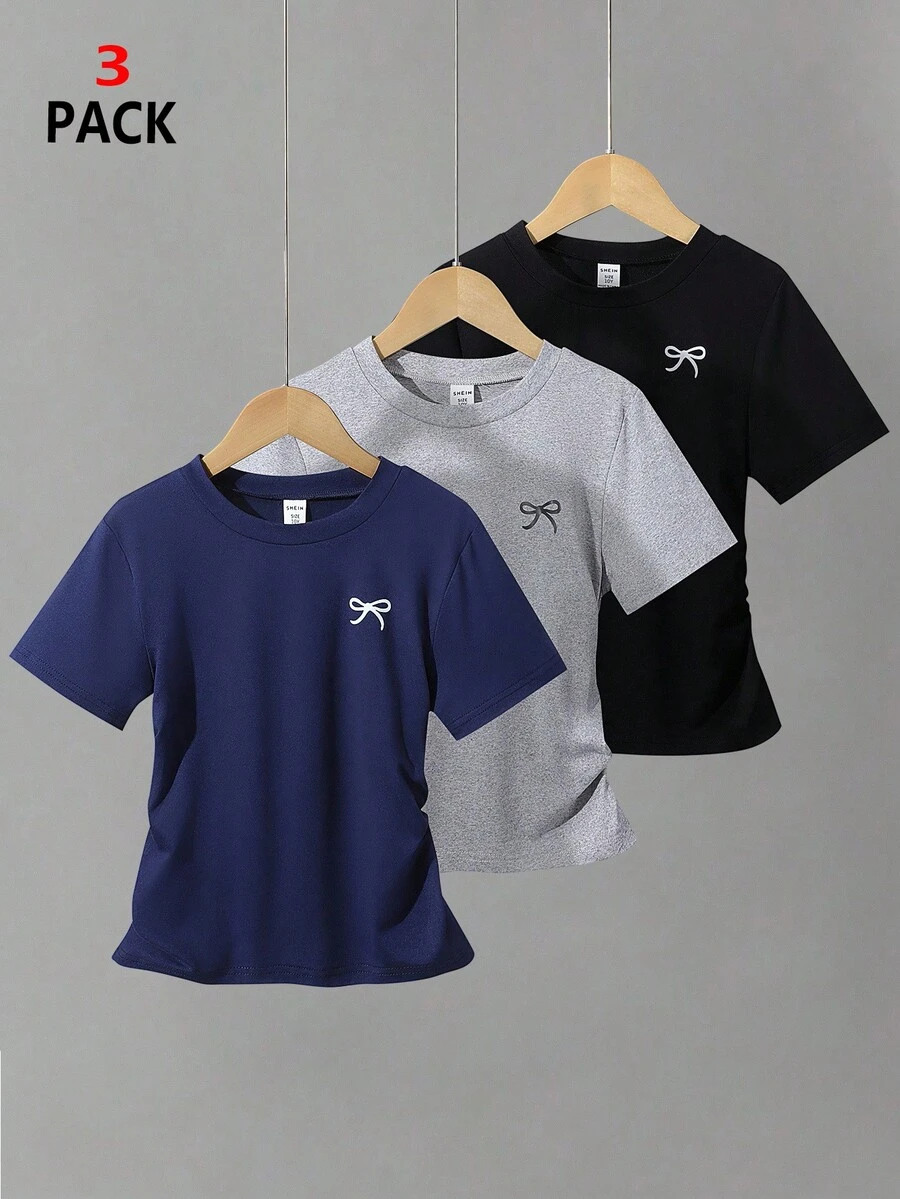 3 件女童蝴蝶结印花腰部短袖 T 恤套装，包括灰色、粉色和黑色 - 寶藍色 - 查看 1