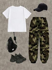 SHEIN Bộ 2 món/Bộ áo thun cổ tròn tay ngắn in họa tiết rằn ri thời trang thường ngày cho bé gái và quần túi hộp, phù hợp cho mùa hè, xuân, thu, bộ quần áo cho bé gái, áo thun và quần dài cho trẻ em 6 tuổi, hoạt động ngoài trời, thường ngày, trở lại trường, tiệc tùng, quà tặng - trắng - Xem 3