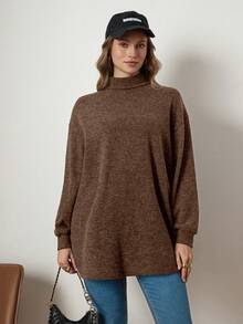 Zelara Plus Size Women Solid Color Dropped Shoulder High Neck Long Sleeve Casual T-Shirt, Knitted Texture - Brown - View 4