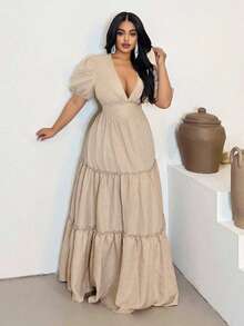 Maweii 大码女式层叠荷叶边V领泡泡袖连衣裙 - 杏色 - 查看 4