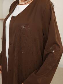 Al Najma Women's Loose Fit Elegant Rhinestone Embellished Robe, Black Abayas - Coffee Brown - View 5