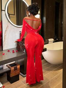 Slaydiva 新款秋冬婚礼季新年情人节休闲装适合日常约会、通勤、商务、淑女风、优雅风、海滩、邮轮派对、简约风、网红风、生日宴会、高端派对、晚礼服、性感单肩长袖喇叭裤和露背大码修身喇叭裤，以及超长红色亮片针织连体裤 -B - 紅色 - 查看 5