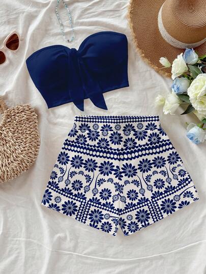 Soleia 女士夏季度假纯色打结抹胸上衣和印花短裤两件套