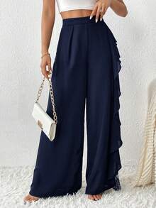 Firerie Pantalones anchos de mujer elegantes con parches de encaje transparente - Azul Marino - Ver 4