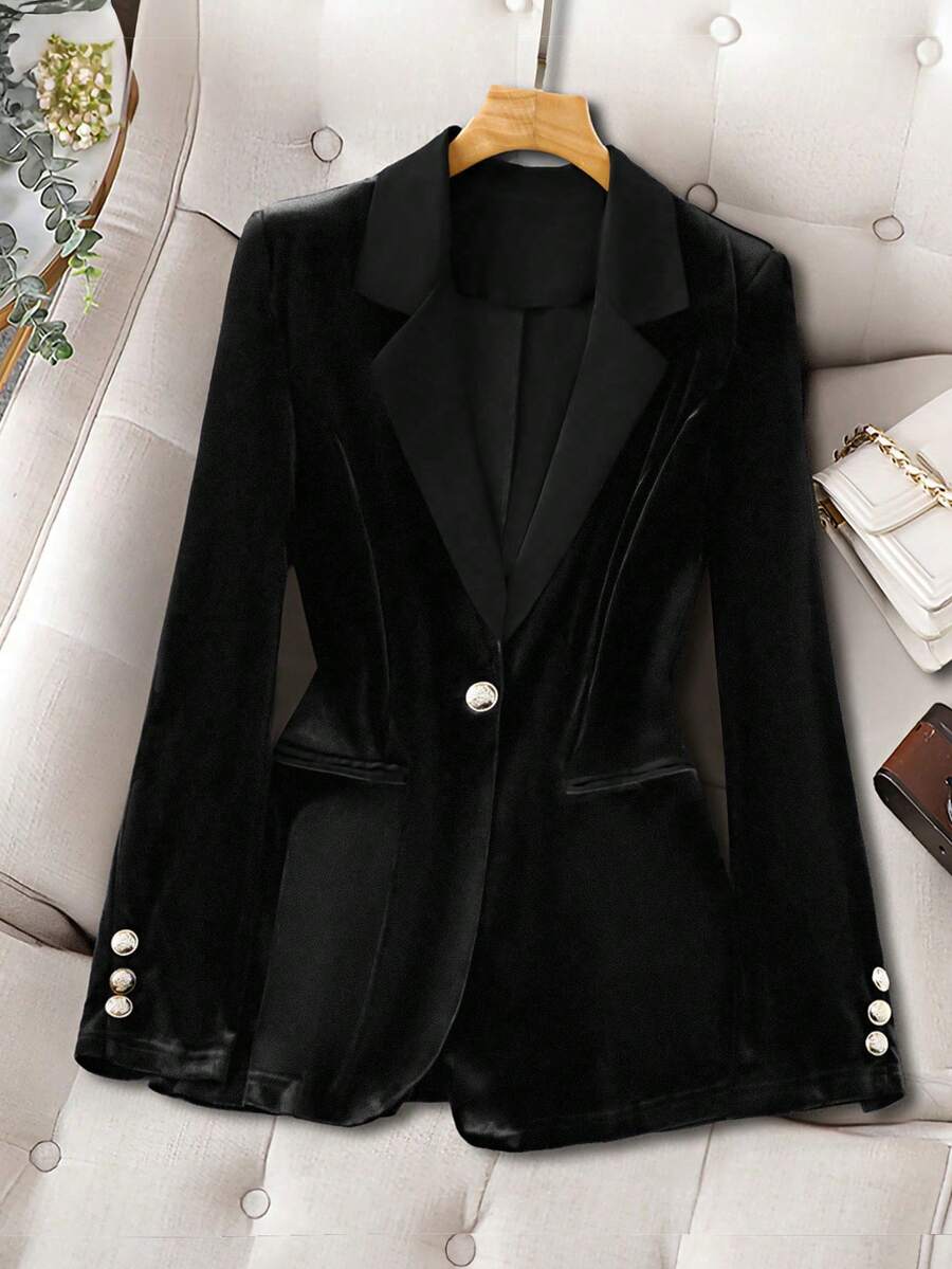 GlowEve CURVE Plus Size Women Satin Lapel Elegant Commuter Velvet Blazer Jacket, Autumn/Winter - Black - View 1