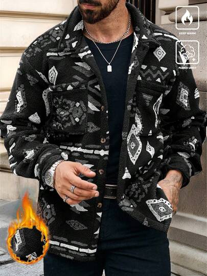 Manfinity Homme Chaqueta de bolsillo con botones y estampado geométrico para hombres, para otoño/invierno, regalo para novio, chaqueta de invierno cálida, ropa de invierno para hombres, chaqueta de forro polar coral de manga larga, camisas bohemias con gráficos negros, chaqueta de calle para hombres