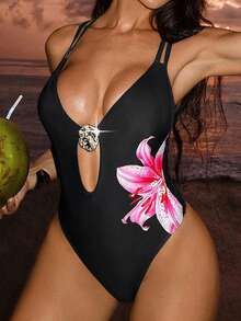 Swim SXY Traje de baño de mujer de moda, estampado de flor de hibisco negro, con tirantes cruzados en la espalda, diseño hueco, escote en V profundo, sexy y elegante, traje de baño de una pieza minimalista, adecuado para vacaciones de primavera/verano y playa - Negro - Ver 1