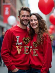 SHEIN LUNE Casual Minimalist Heart/Love Leopard Print Pattern Loose Fit Crew Neck Long Sleeve Sweatshirt For Women Valentine's Day - Multicolor - View 1