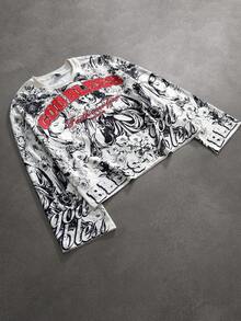 PAVTROS Men's Full Print Long Sleeve T-Shirt, Short Fit, Flared Sleeves, Street Style Large Graphic Print - Apricot - View 1