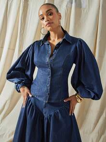 Vixey Balloon Sleeve Button Up Collared Denim Shirt - Dark Wash - View 1