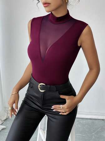 Rafferiza Elegant Mock Neck Fitted Mesh Patchwork Sleeveless Women Tank Top