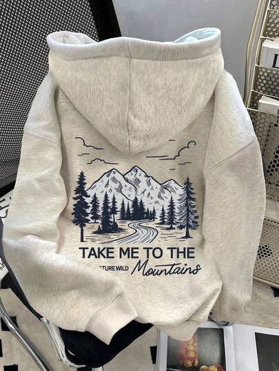 EMERY ROSE Women's Slogan & Mountain Print Long Sleeve Thermal Lined Casual Loose Sweatshirt, Autumn/Winter, Christmas