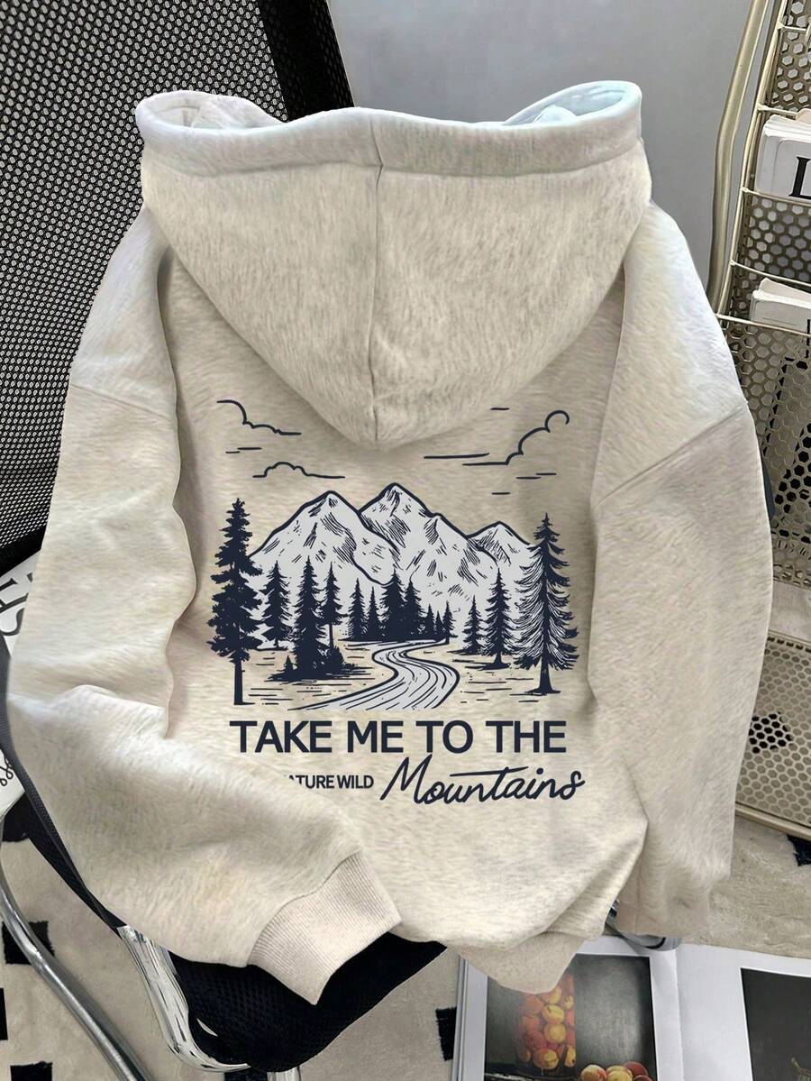 EMERY ROSE Women's Slogan & Mountain Print Long Sleeve Thermal Lined Casual Loose Sweatshirt, Autumn/Winter, Christmas - Light Grey - View 1