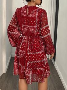 LanaWest Đầm xòe họa tiết chắp vá cổ đứng tay đèn lồng phong cách nghỉ dưỡng cỡ lớn cho nữ mùa xuân/thu - Màu Đỏ Sâu - Xem 2