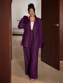 Maweii 大码女式纯色垫肩长袖袖口装饰优雅西装外套+休闲裤两件套，适合优雅外出、通勤、春、秋、冬穿着。 - 紫色 - 查看 5