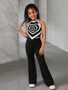 SHEIN Tween Girls Casual Basic Knit Sleeveless Halter Tank Top And Solid Color Flare Pants Set - Black - View 3
