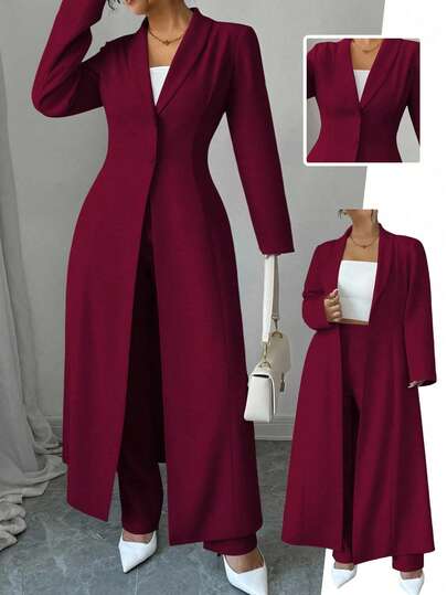 SHEIN Tall CURVE 2 件套 Elenzga 女士加大码纯色纽扣领长款夹克和长裤套装