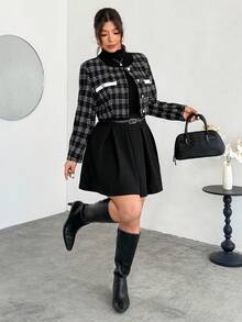 Firerie Plus Size Women's Elegant Commuter Workwear Sophisticated High-End Afternoon Tea Slightly Sexy Date Music Concert Collegiate Vintage Black & White Plaid Print Long Sleeve Jacket & Pleated Mini Skirt, Back To School Outfit Flannel Wednesday Addams In Fall/Winter