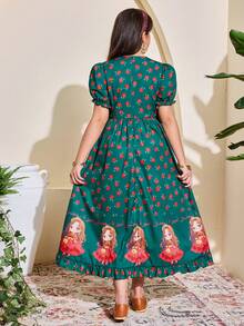 Vestido verde con manga de farol, volantes y moño con estampado floral de rosa, diseño de princesa de dibujos animados, adecuado para salidas, escuela, transporte, uso primaveral, Ramadán, abaya, jalabiya, ropa árabe tradicional - Verde - Ver 2