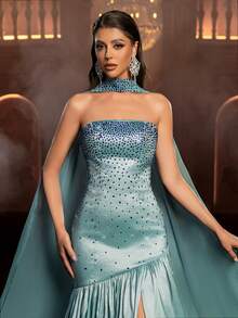 Glamrae Elegantes, luxuriöses Abendkleid mit Strasssteinen verziert, trägerloses Meerjungfrauenkleid mit hohem Schlitz (abnehmbarer Halter), geeignet für alle formellen Anlässe, Hochzeiten, luxuriöser Herbst-/Winterabendmantel, Abendkleid für formelle Dinners - Blau - Übersicht 4