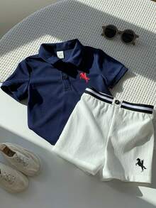 SHEIN 2件套男宝宝可爱学院风经典Polo衫短裤套装，适合休闲外出、室内活动、生日派对、晚宴、婚礼、迎婴派对、洗礼和一周岁生日庆祝，春夏款。 - 藏蓝色 - 查看 6