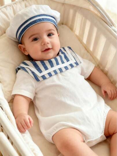 SHEIN Nyfödd Baby Pojke Casual Söt Färgblock Sjömanskrage Kortärmad Bodysuit