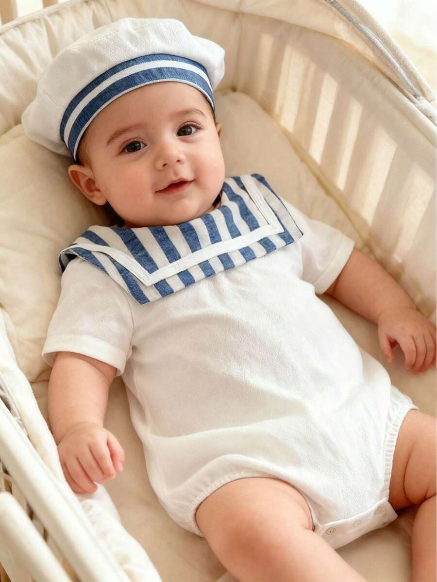 SHEIN 新生男宝宝休闲可爱撞色水手领短袖连体衣 - 彩色 - 查看 1