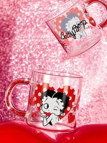 Betty Boop x SHEIN 1Pc 17.6oz/520ml Cute Cartoon Pattern Printing Shiny Handle Decorative Borosilicate Glass Mug, Cold And Heat Resistant, Suitable For Milk, Juice, Coffee, Etc., Love, Playful, Lip Print, Love,Gift Ideas,Party,Holiday,Valentine's Day - Clear - View 4