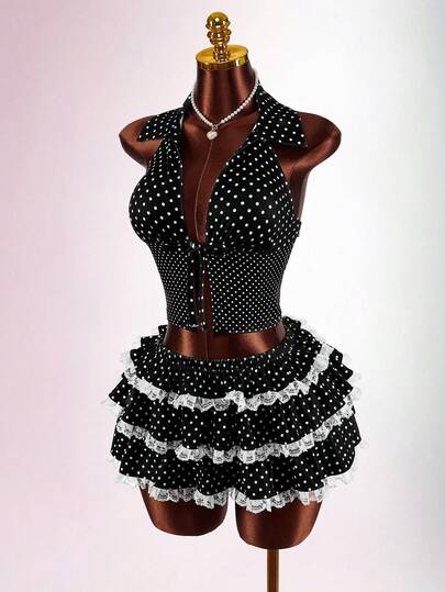 Amplova Set da 2 pezzi da donna composto da top a canotta con motivo a pois vintage romantico e gonna a ruota a strati con pois e inserti in pizzo a contrasto