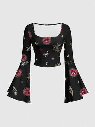 Goth Blusa scollata e con maniche a sbuffo, in stile gotico, con motivi di cuori, palazzi, chiese oscure, croci di lusso, soli, lune, stelle e scorpioni, nei colori rosso e nero, per le donne