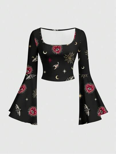 Goth Blusa scollata e con maniche a sbuffo, in stile gotico, con motivi di cuori, palazzi, chiese oscure, croci di lusso, soli, lune, stelle e scorpioni, nei colori rosso e nero, per le donne