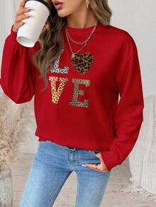 SHEIN LUNE Casual Minimalist Heart/Love Leopard Print Pattern Loose Fit Crew Neck Long Sleeve Sweatshirt For Women Valentine's Day - Multicolor - View 5