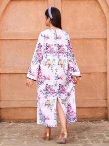 Vestido de moda casual para niñas con patrón floral de tela tejida, con cuello con adorno de flores 3D y ribete de cinta, suelto y cómodo, adecuado para primavera, verano, otoño, uso diario, al aire libre, fiesta, sesión de fotos - Multicolor - Ver 2