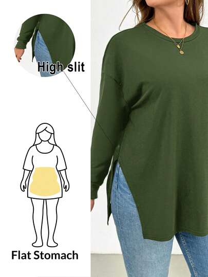 SHEIN Essnce Plus Size Women's Spring And Autumn Fashion Casual Loose Comfortable Daily Simple Basic Versatile Slim High Slit Black T-Shirt,Fall Clothes,Going Out Tops