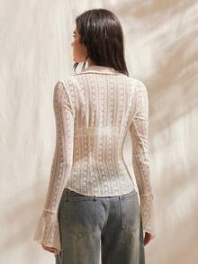 Easelle 复古波西米亚风V领收腰喇叭袖女式上衣 - 杏色 - 查看 3