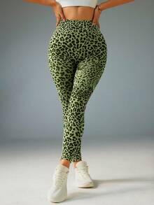 Slayform Women's Leopard Print High Waist Seamless Elastic Sports Leggings - Army Green - View 4