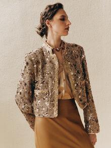 Arave 亮片拼接前扣金属链装饰时尚长袖外套