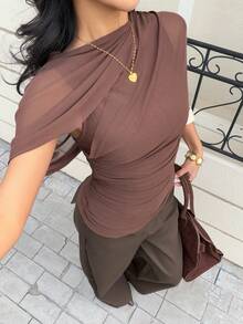 Siren Gaze Women's High-End Pleated Top With A Sophisticated Spring/Summer Design, Brown Mesh Shawl, Fitted Asymmetrical Off-Shoulder Long-Sleeved T-Shirt. - Brown - View 5