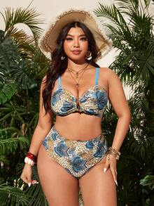 Swim Lushoire 大码豹纹性感比基尼，女士显瘦沙滩装 - 彩色 - 查看 4