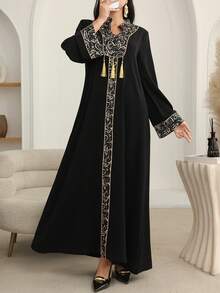 Al Najma Solid Color Patchwork Print With Gold Trim And Pendant Long Cardigan Kaftan Jalabiya Dress - Black - View 8