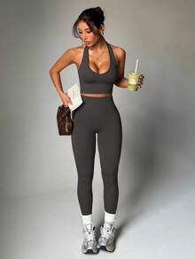 SHEIN Sports 女士纯色露脐吊带背心和紧身裤运动套装 - 彩色 - 查看 4