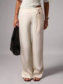 Avenya 条纹低腰阔腿及地长裤，双腰带装饰 - 杏色 - 查看 3