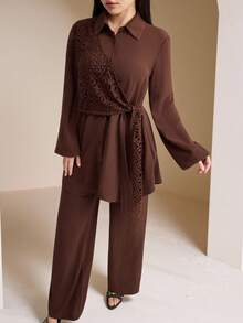 Veilorie 2件套女士阿拉伯风格套装（长袖上衣和裙子套装） - 咖啡棕 - 查看 2
