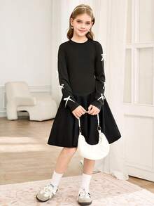 SHEIN 女童长袖白色蝴蝶结简约优雅休闲黑色翻领连衣裙，适合外出、上学、通勤，可搭配外套、夹克、风衣。 - 黑色 - 查看 6