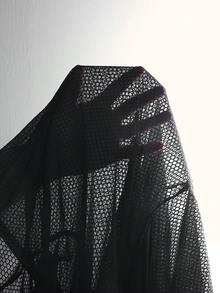 Velisys 2件装女士纯色短袖抽绳连帽宽松卫衣透视网纱上衣女式薄纱上衣 - 黑色 - 查看 6